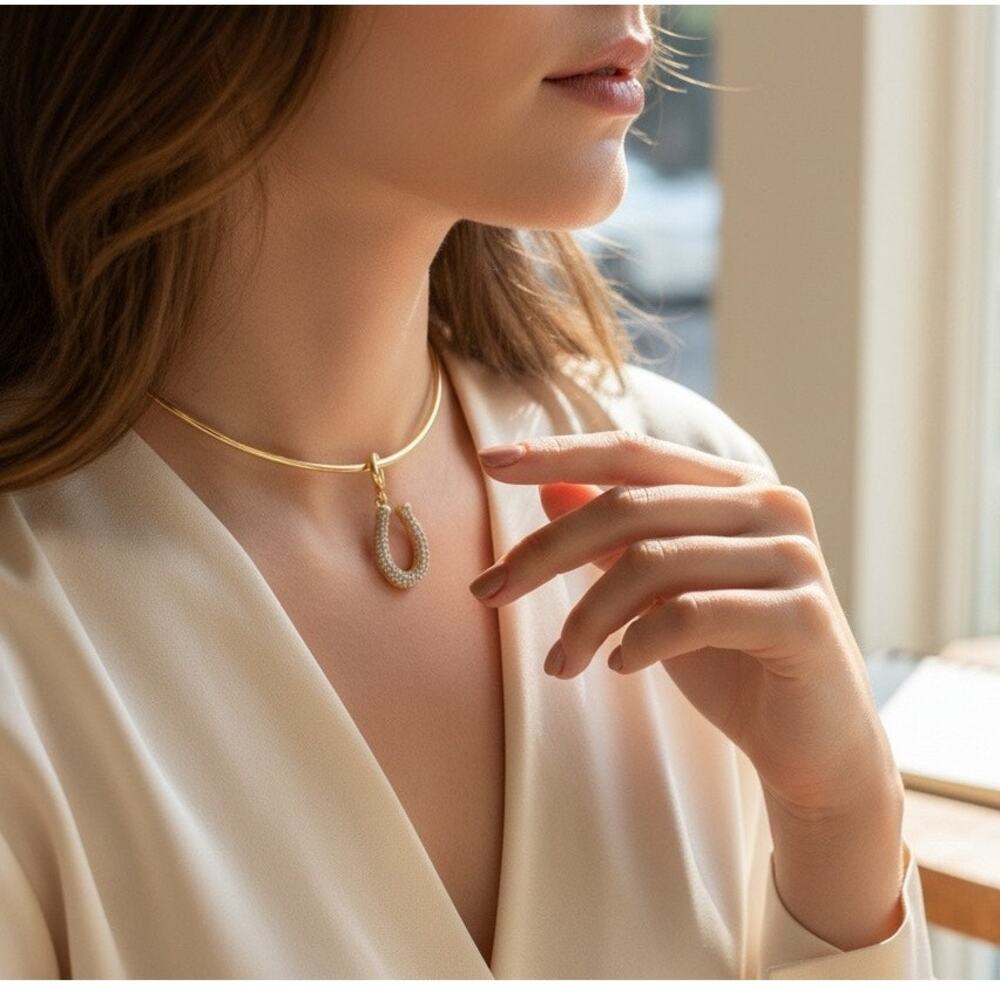 Madewell Crystal Shoe Horse Charm Wire Choker Necklace Antique Gold NWT